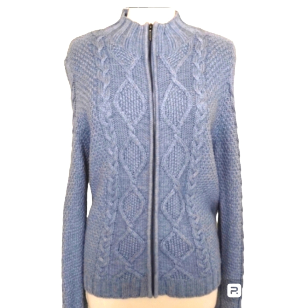 Jillian Nicole Blue Cable Knit Fisherman Zip Up Cardigan Sweater XL